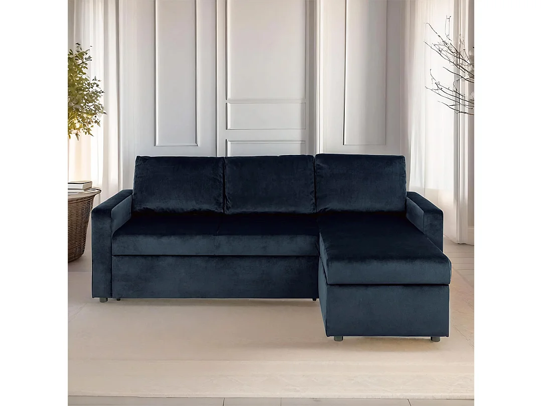 Sacramento Canapé-lit, chaise longue réversible, espace de rangement dissimulé et lit escamotable, bleu foncé.
