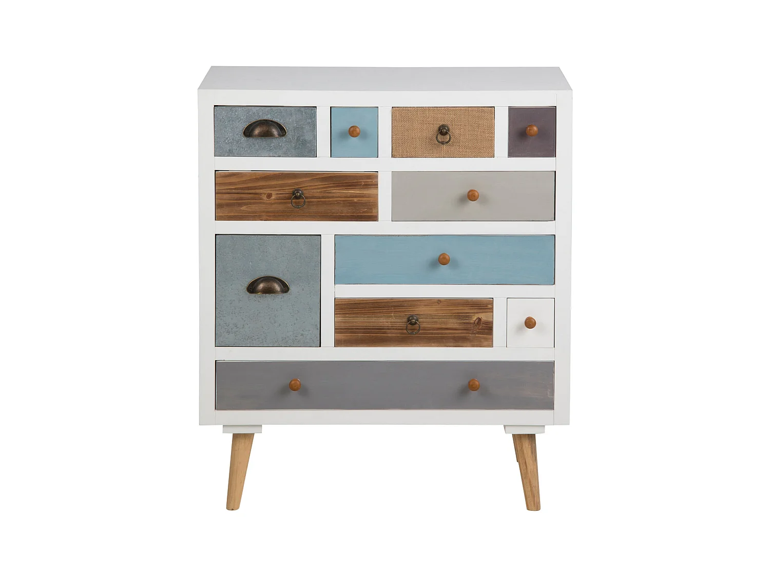 Thames Commode blanche avec 11 tiroirs multicolores.