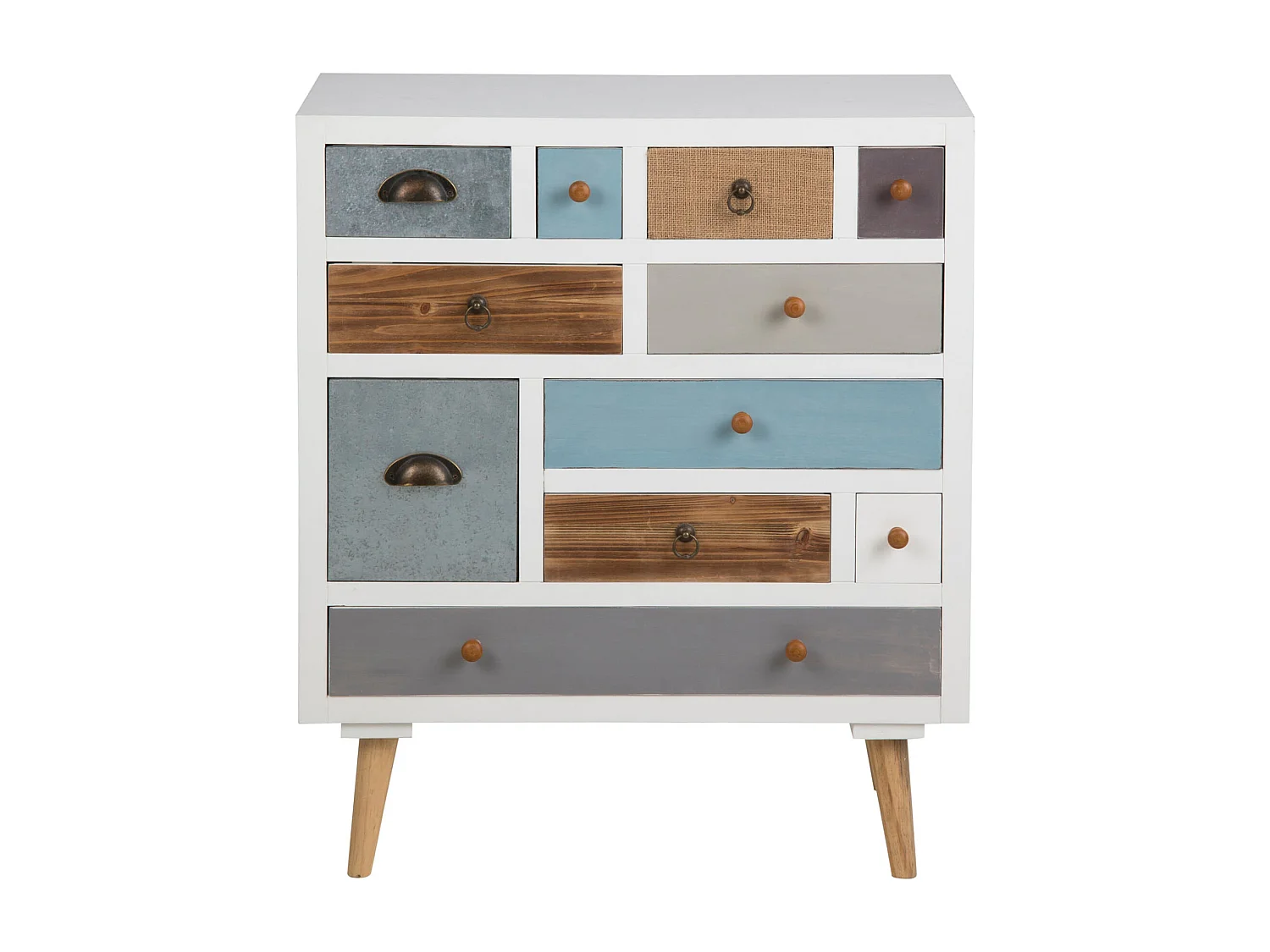 Thames Commode blanche avec 11 tiroirs multicolores.