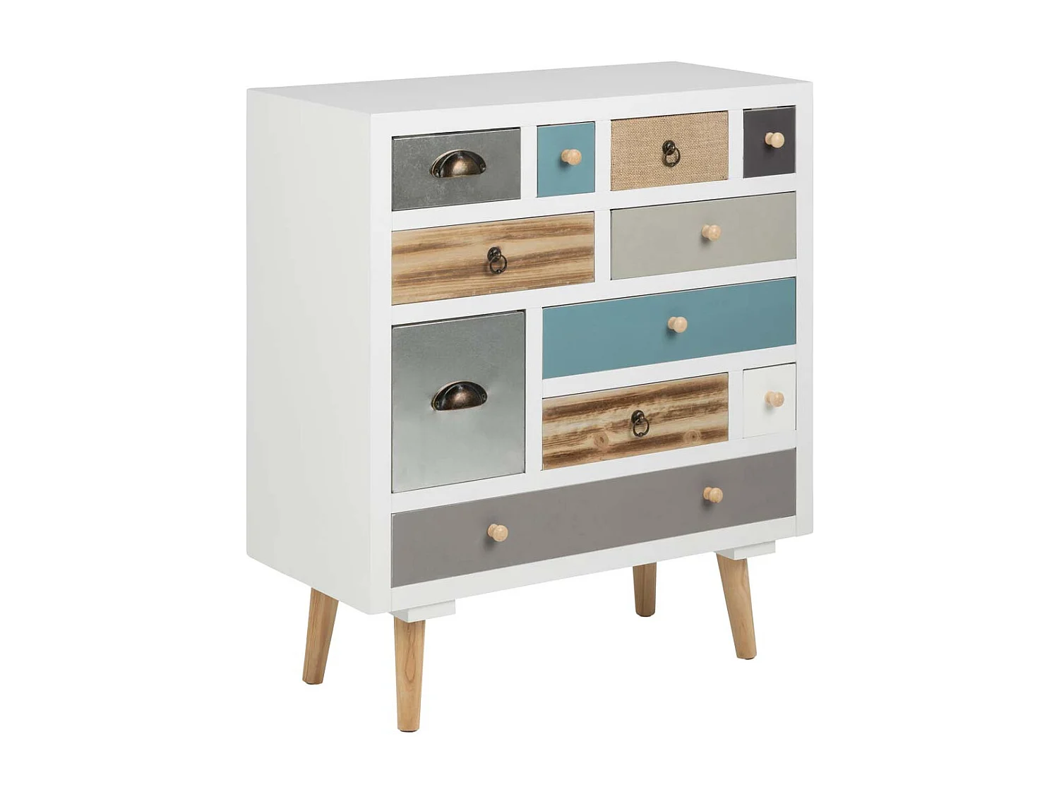 Thames Commode blanche avec 11 tiroirs multicolores.