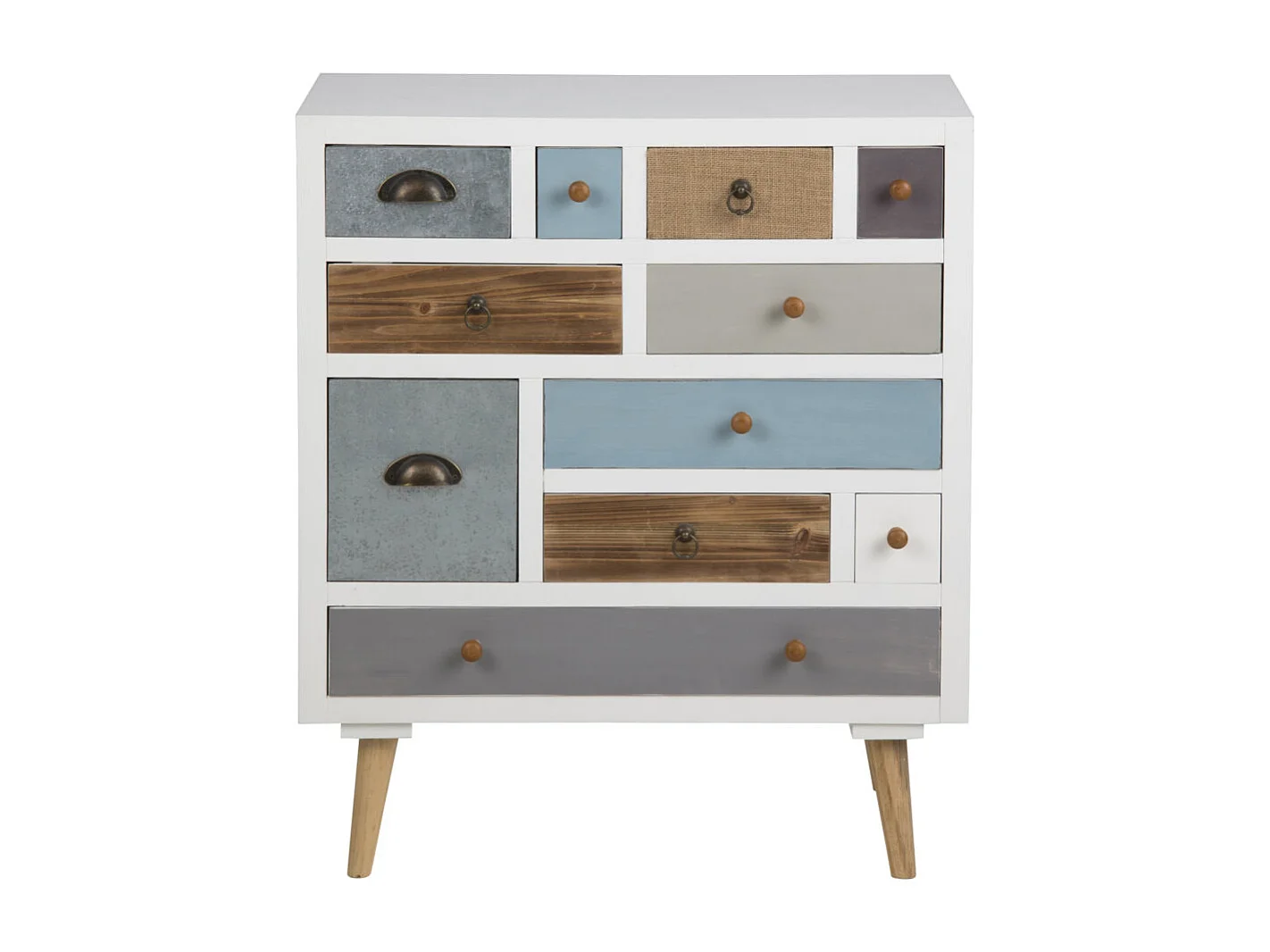 Thames Commode blanche avec 11 tiroirs multicolores.