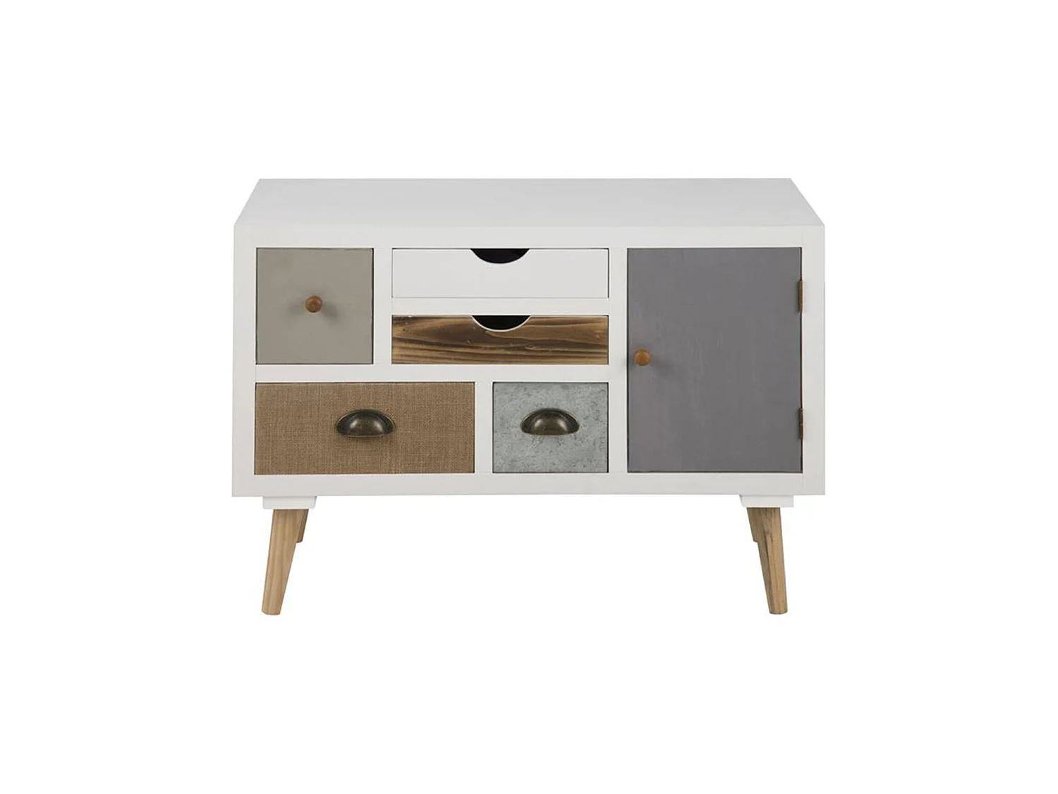 Thames Commode blanche avec 1 porte et 5 tiroirs de couleurs différentes. Livrée complètement montée.