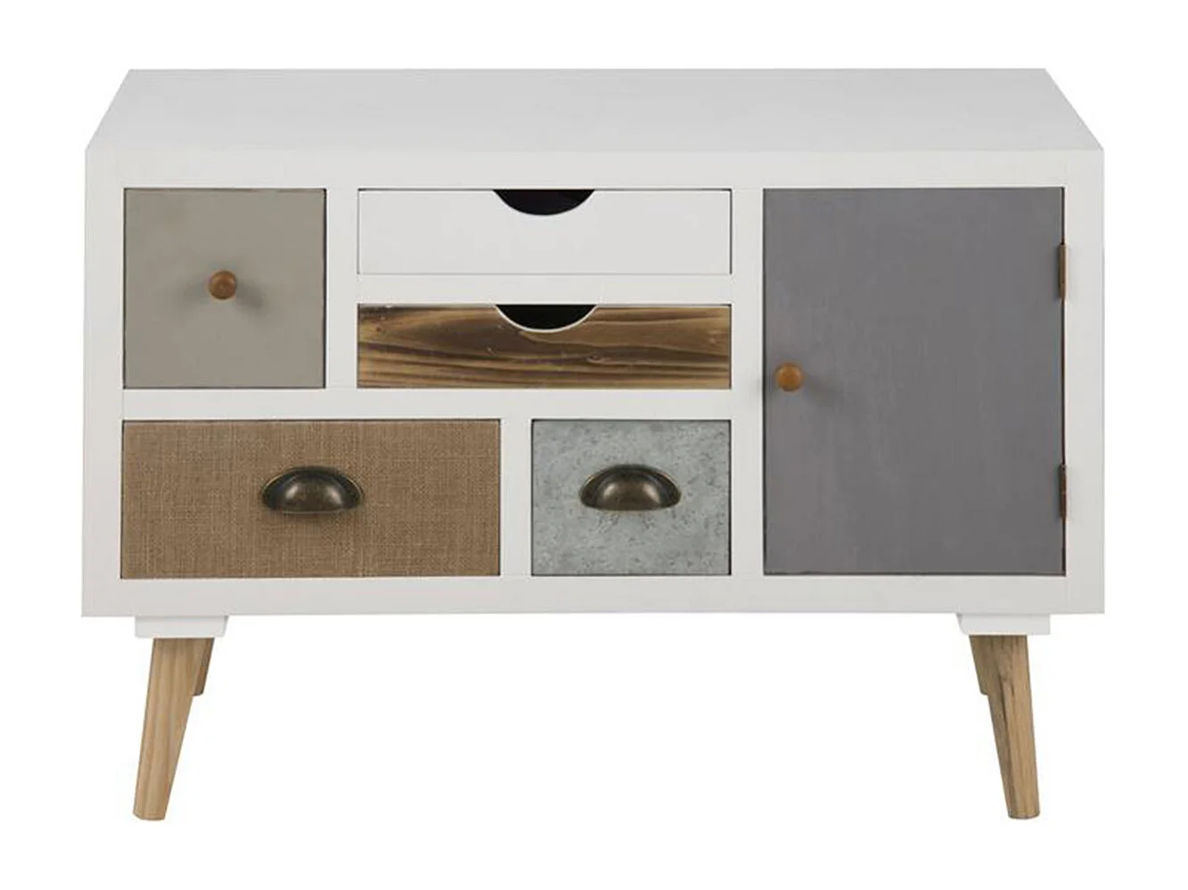 Thames Commode blanche avec 1 porte et 5 tiroirs de couleurs différentes. Livrée complètement montée.