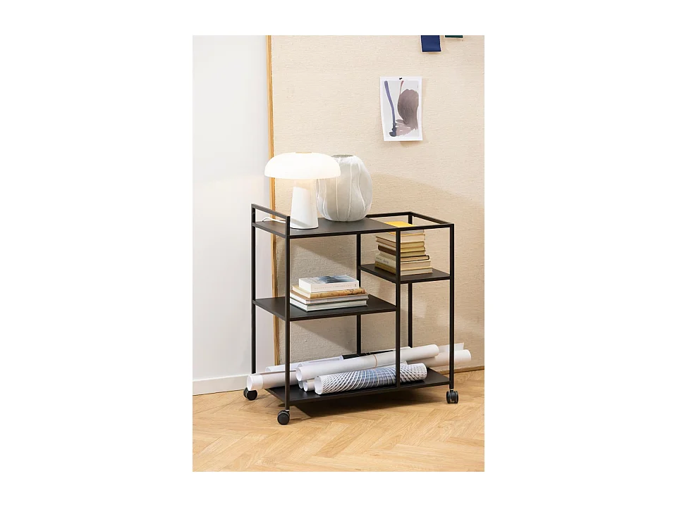Newcastle Table basse chariot à roulettes avec 3 tablettes de rangement, noir.