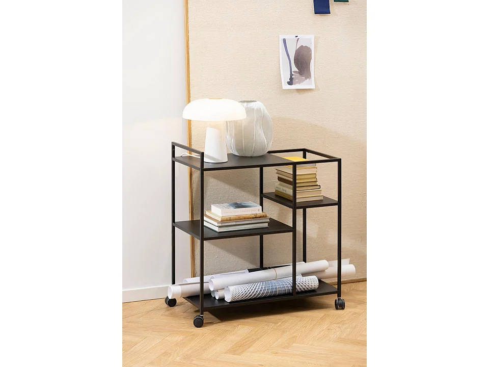 Newcastle Table basse chariot à roulettes avec 3 tablettes de rangement, noir.