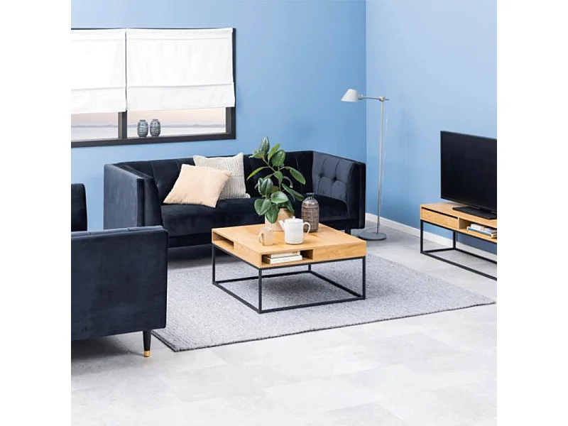 Willford Table basse, 4 espaces de rangement, teinte naturelle, noir.