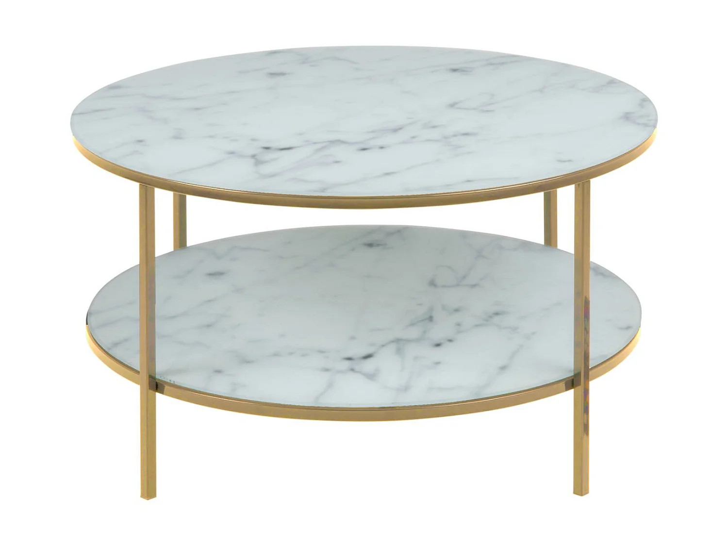 Almaz Couchtisch Ø80 cm weiss Marmorprint, goldenes Chrom.