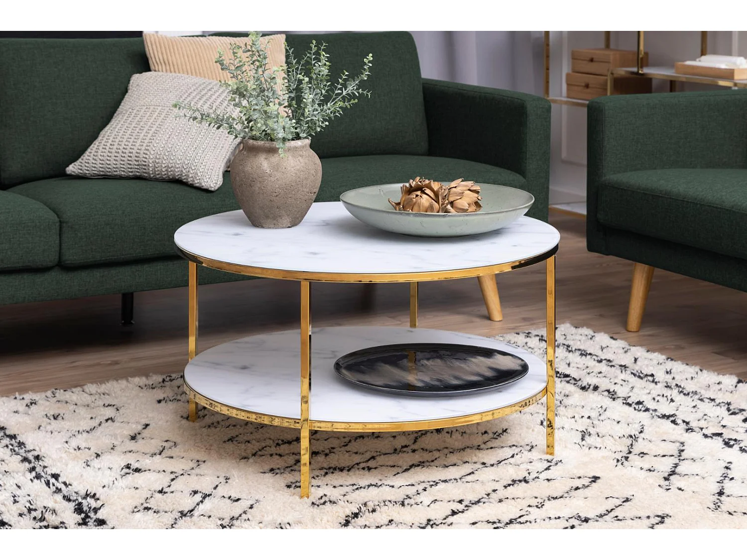 Almaz Couchtisch Ø80 cm weiss Marmorprint, goldenes Chrom.