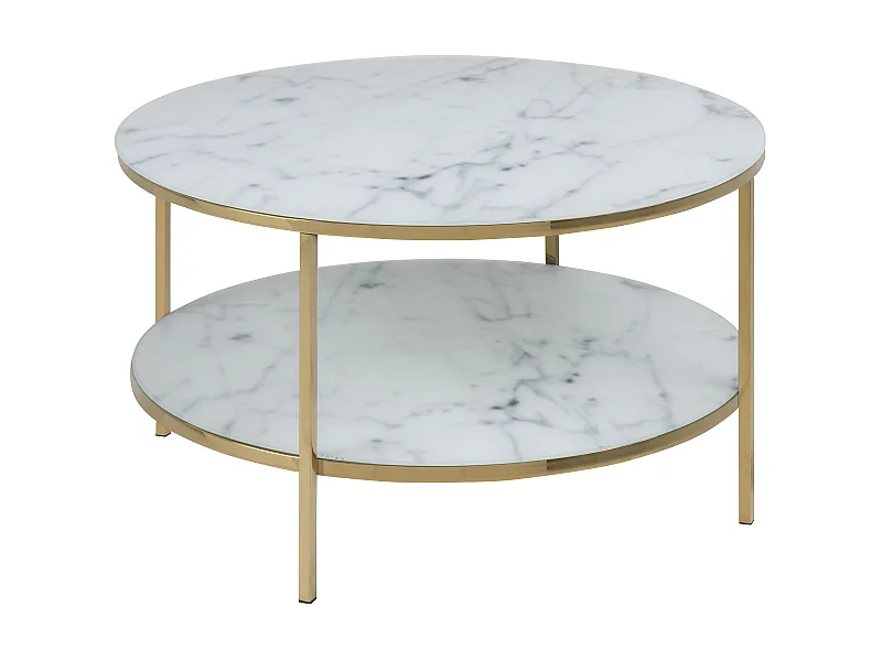 Almaz salontafel Ø80 cm, witte marmer print, goudkleurig chroom.