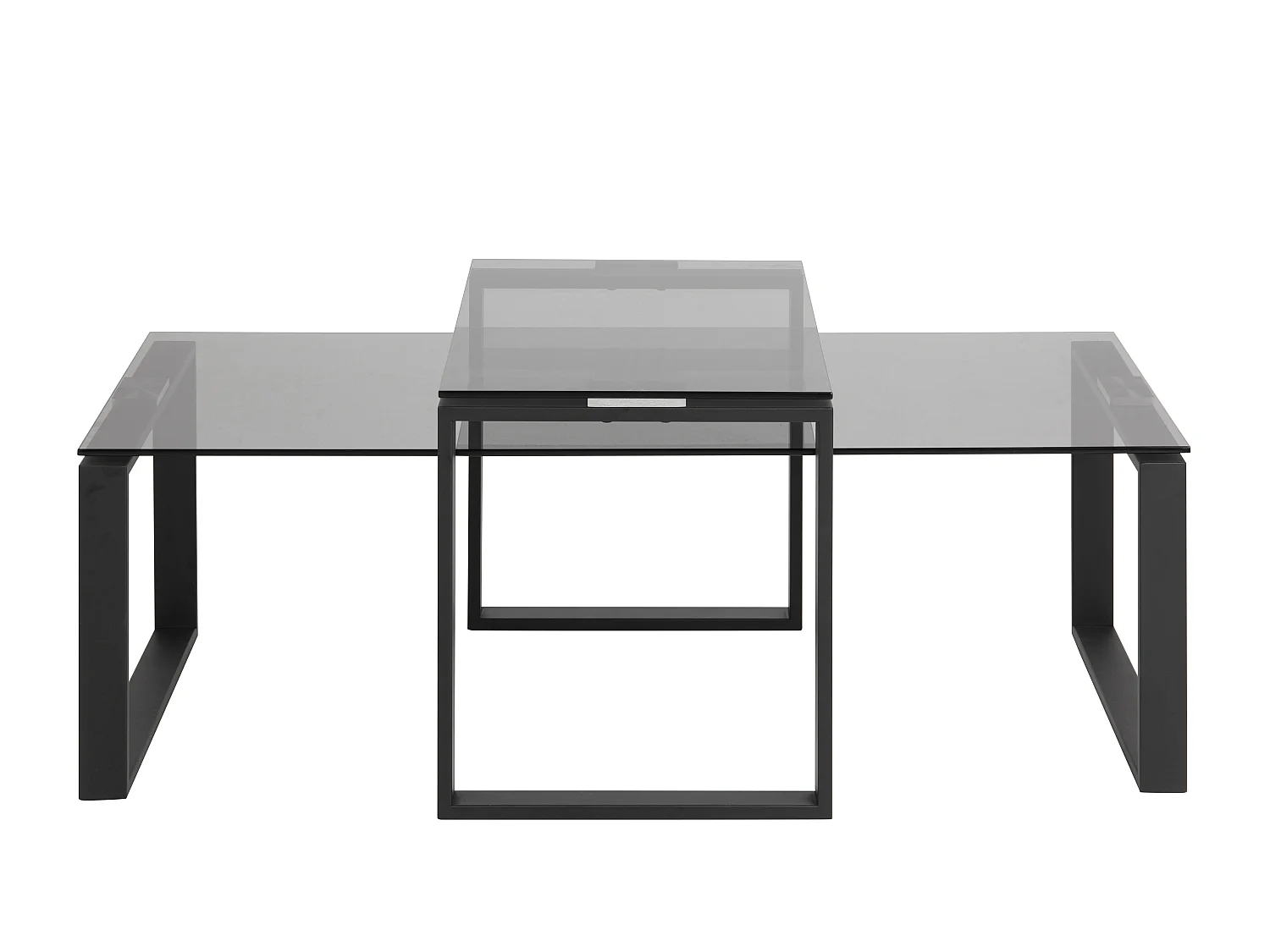 Kate Ensemble tables basses en verre fumé et métal noir mat.