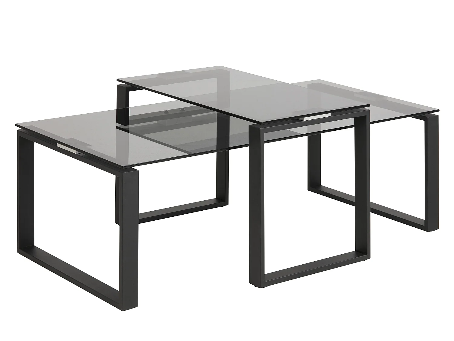 Kate Ensemble tables basses en verre fumé et métal noir mat.