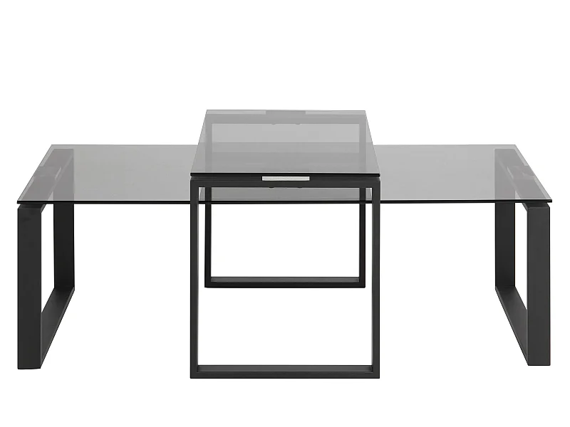 Kate salontafel set, rookkleurig glas en mat zwart metaal.