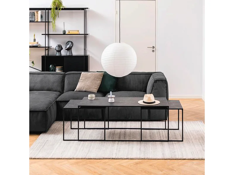 Infinity Ensemble de tables basses, 3 pièces, impression marbre noir, noir.