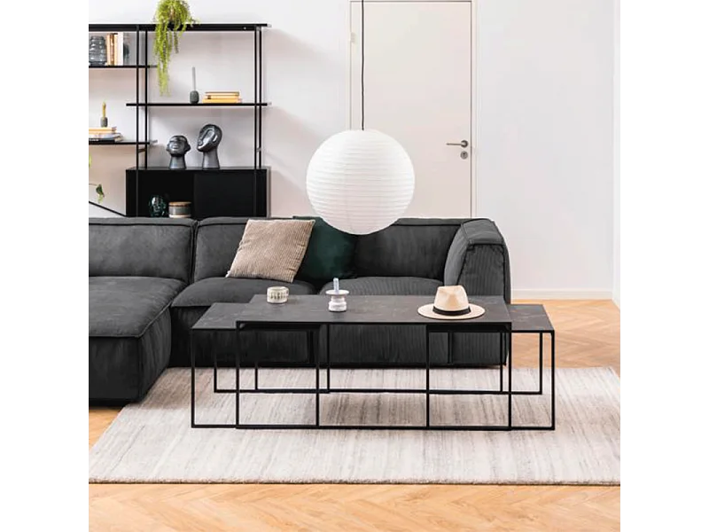 Infinity Ensemble de tables basses, 3 pièces, impression marbre noir, noir.