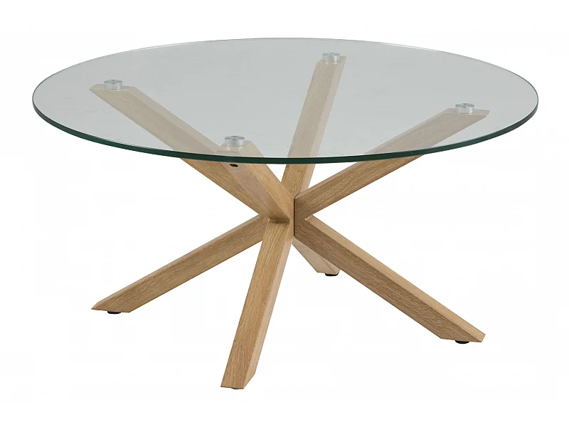 Heat Table basse, Ø82 cm, plateau en verre et pieds en métal recouverts en feuille de chêne.