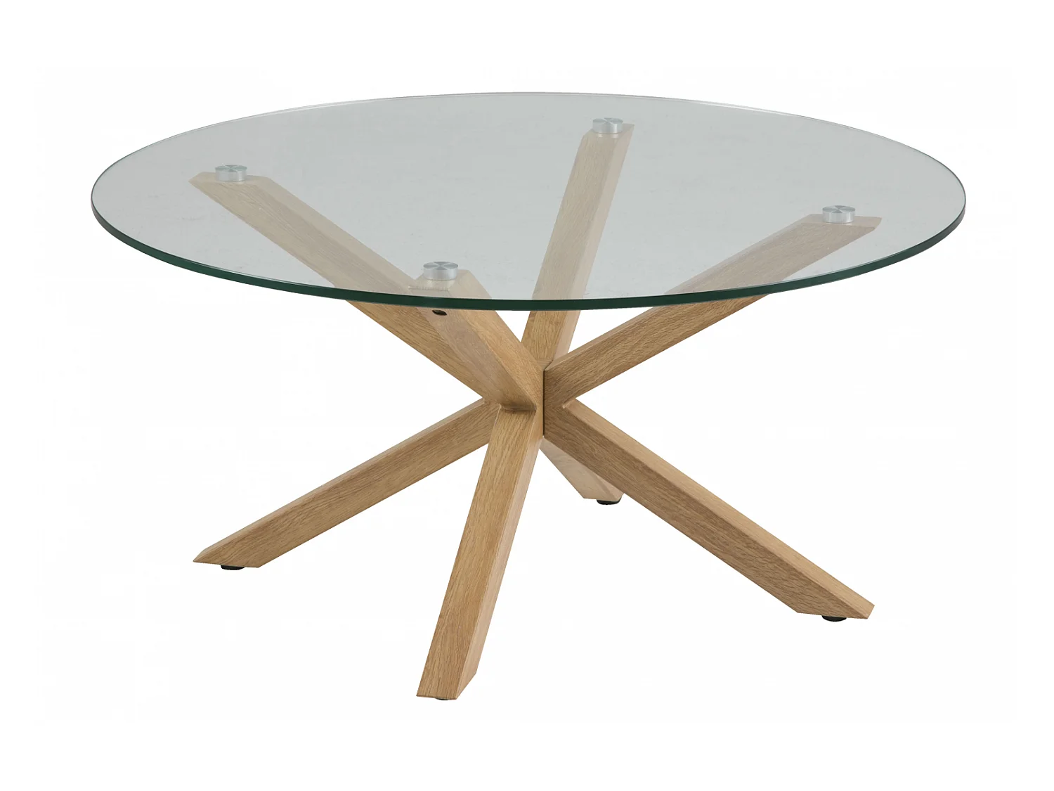 Heat salontafel Ø82 cm, blad in helder glas en onderstel in metaal met eiken folie.