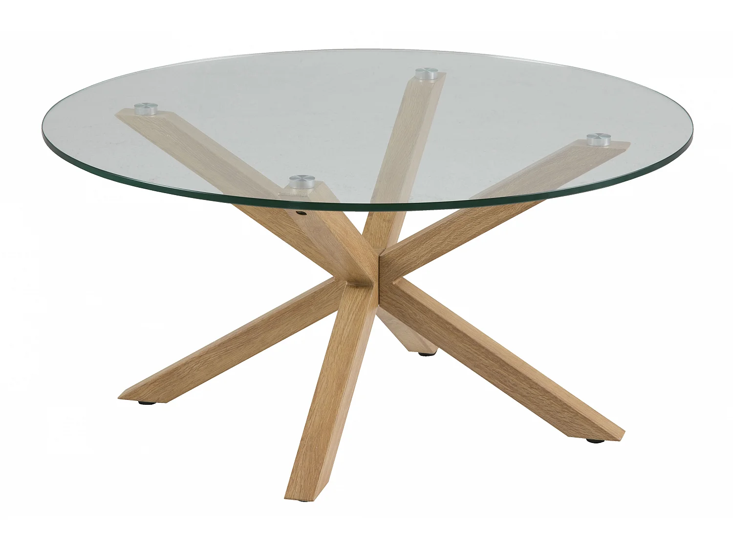 Heat Table basse, Ø82 cm, plateau en verre et pieds en métal recouverts en feuille de chêne.