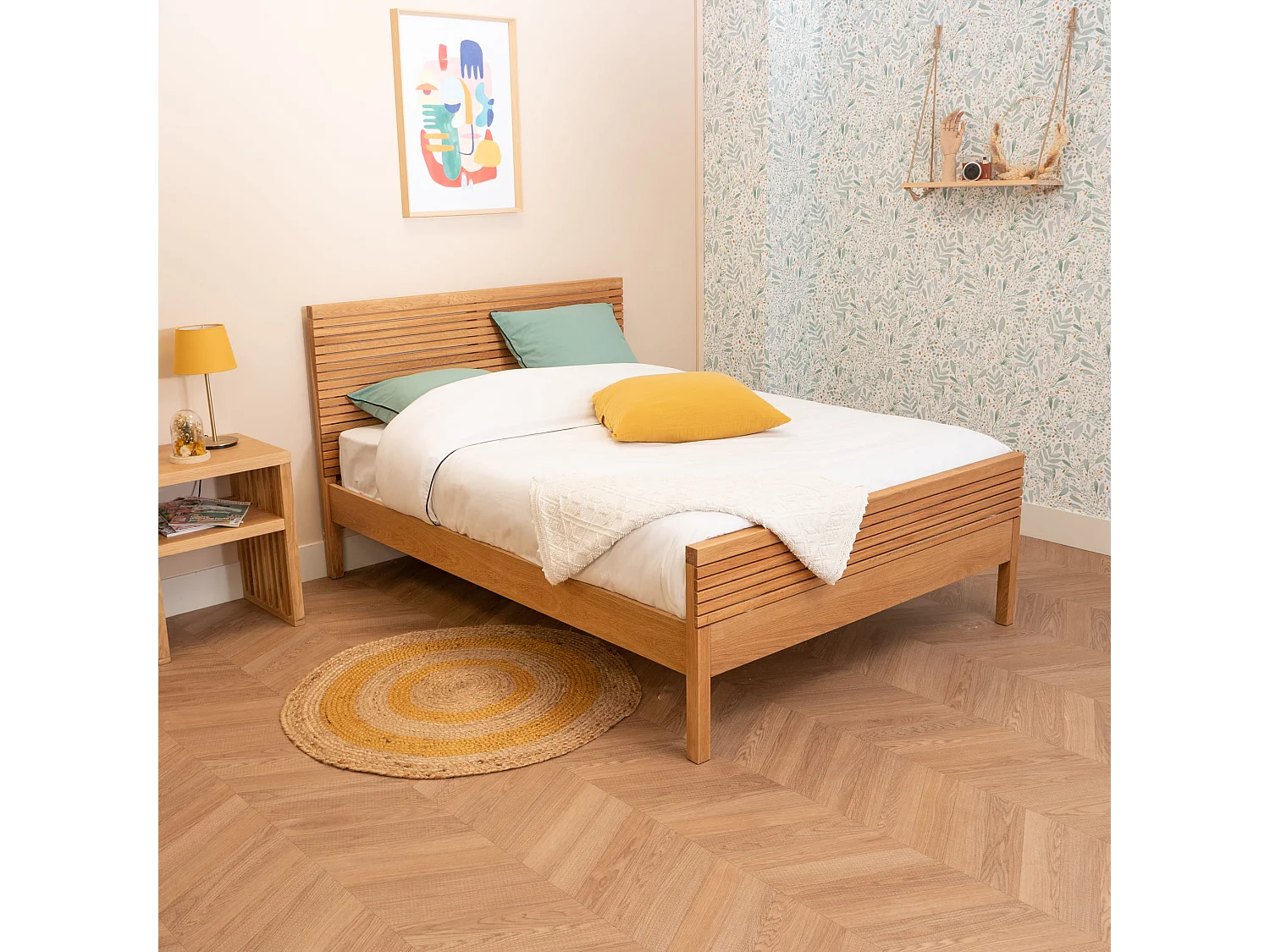 Lit à rainures en bois massif naturel 160x200 - LT17012