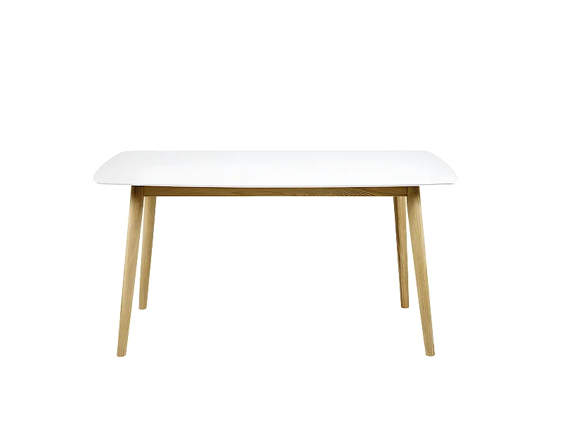 Naila Esszimmertisch 80 x 150 mit weißer Holztischplatte und einem Gestell in massiver Eiche.