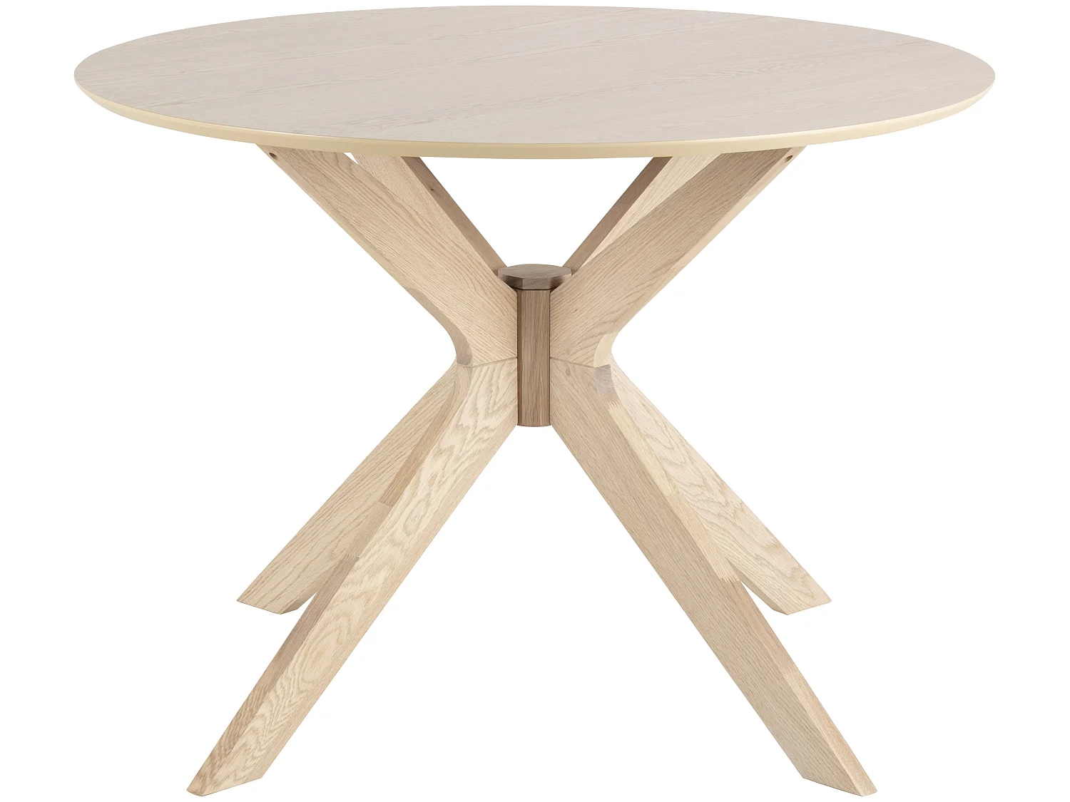Duffy Table de salle à manger Ø105 cm plaqué chêne, pieds en chêne massif.