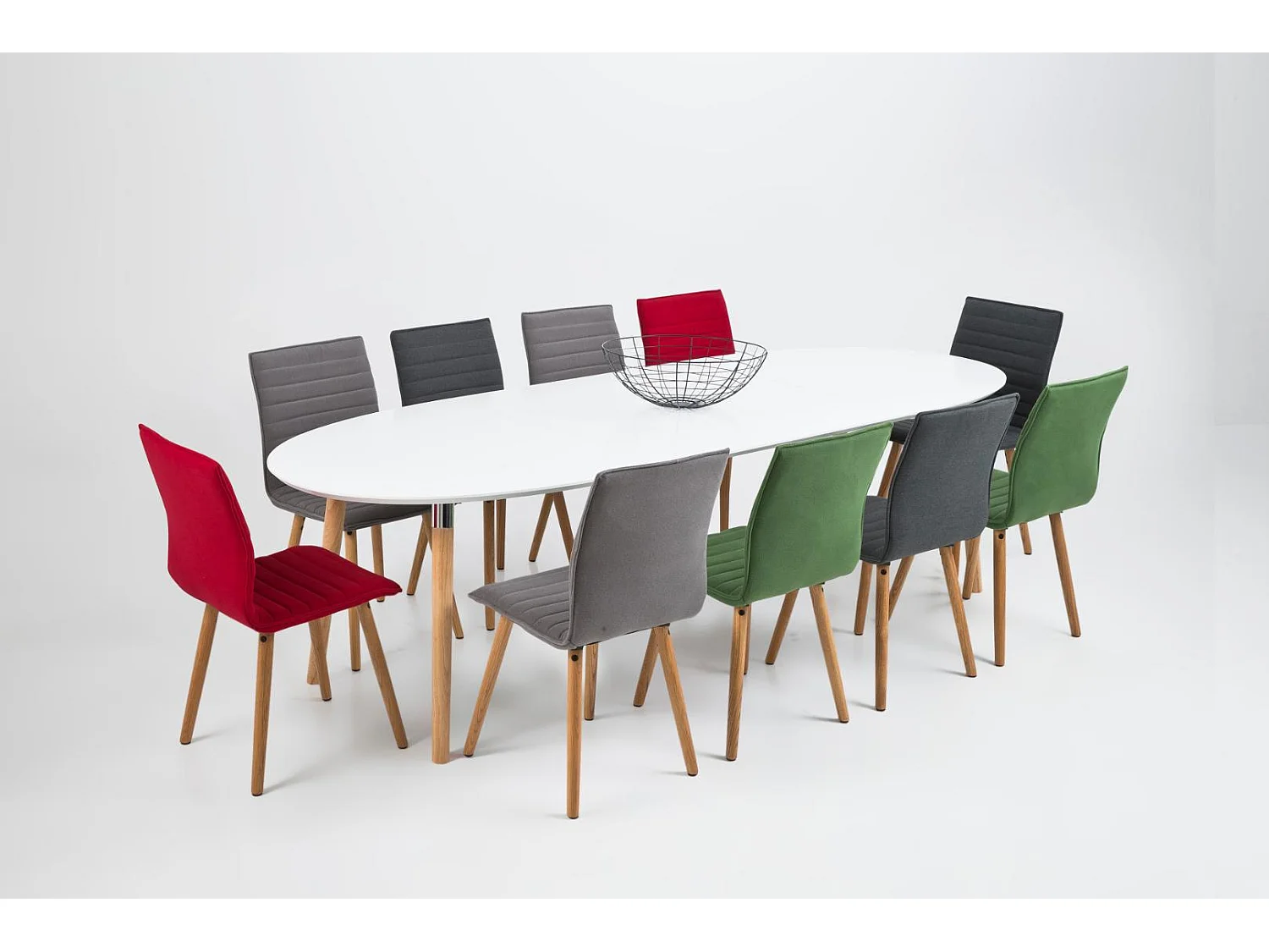 Belle Table de salle à manger 100 x 170/270 cm avec 2 pl. supplémentaires en blanc avec pieds Pincon, ferrure chromée.