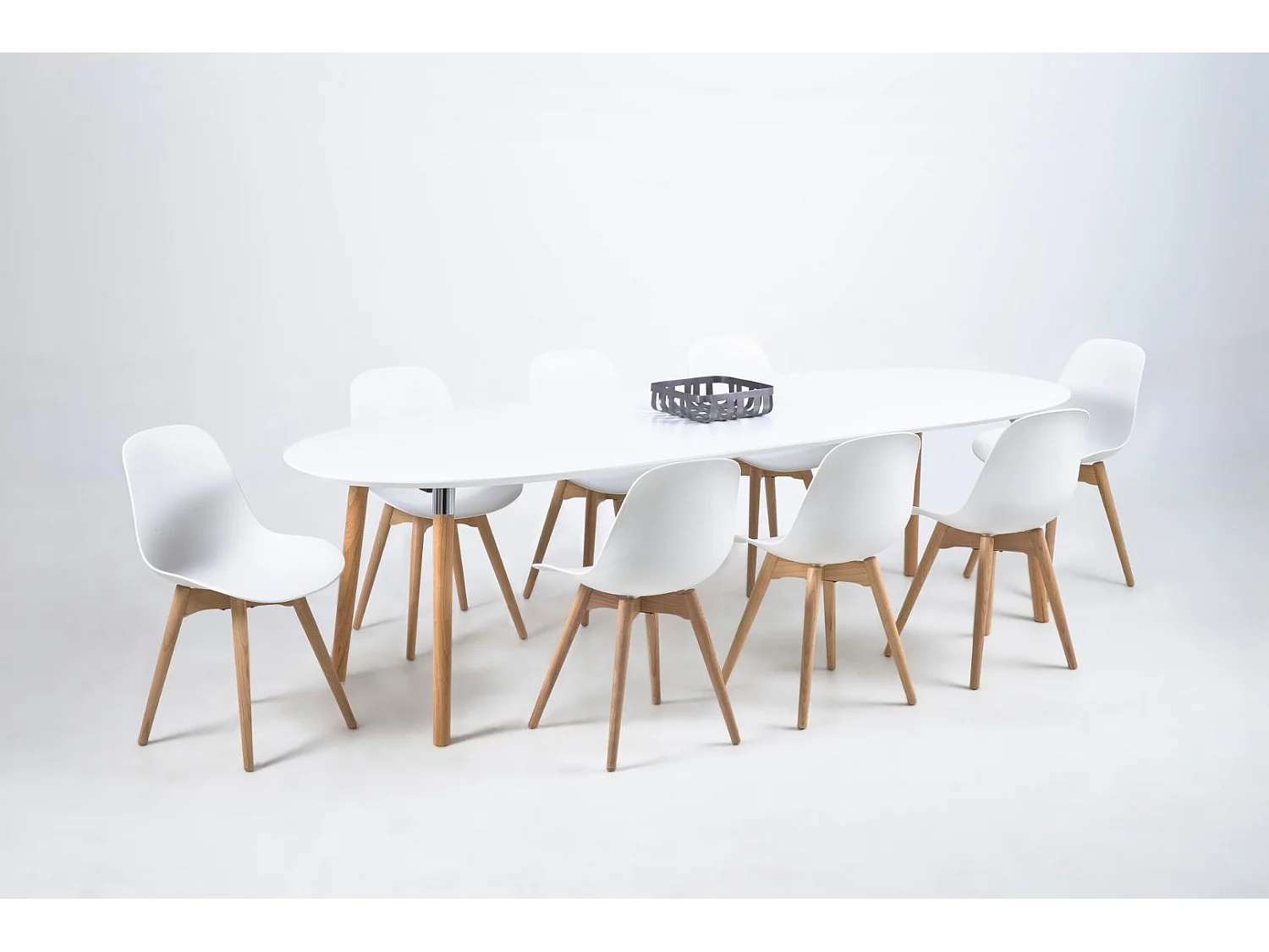 Belle Table de salle à manger 100 x 170/270 cm avec 2 pl. supplémentaires en blanc avec pieds Pincon, ferrure chromée.