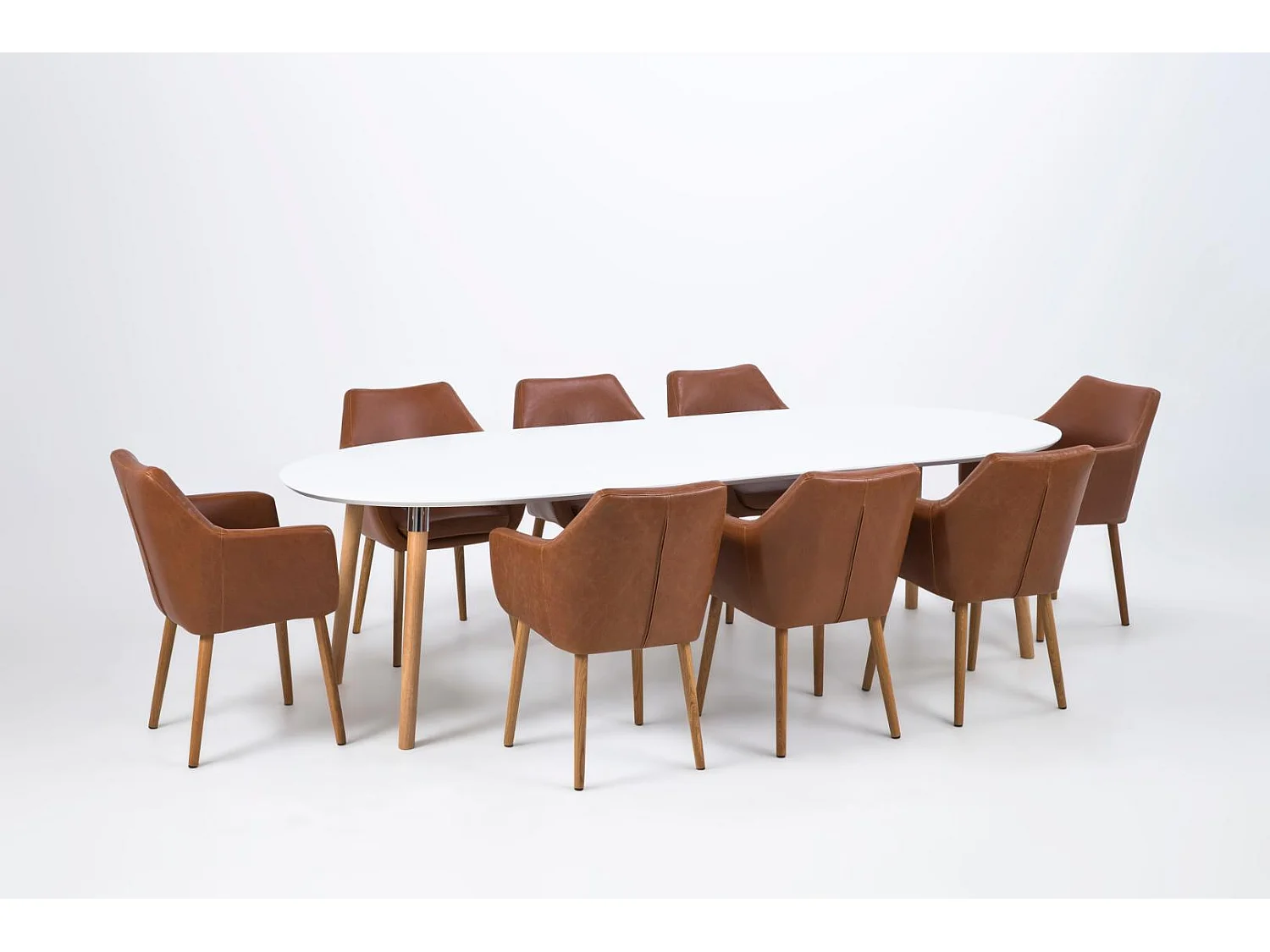 Belle Table de salle à manger 100 x 170/270 cm avec 2 pl. supplémentaires en blanc avec pieds Pincon, ferrure chromée.