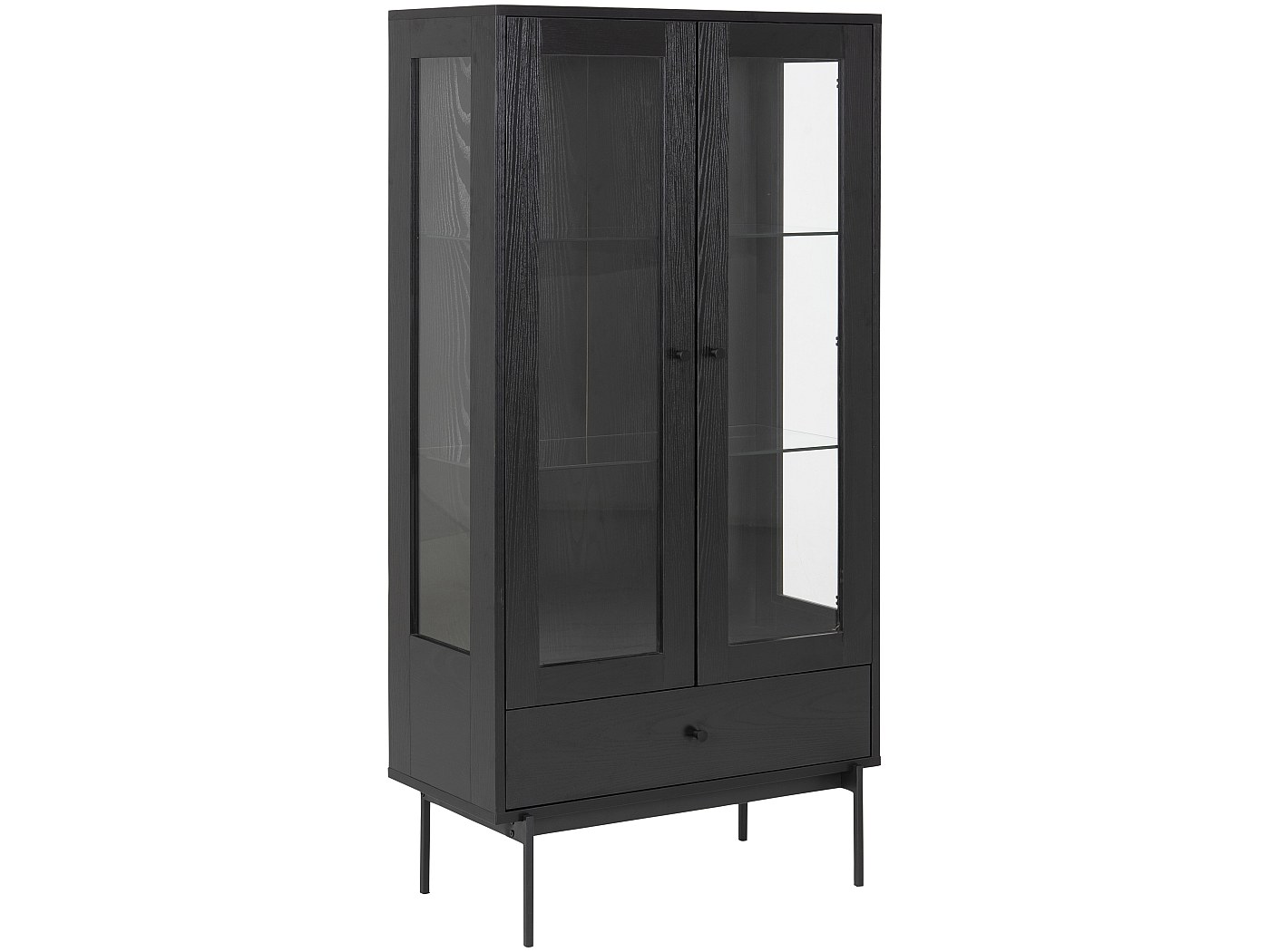 Vitrine Avec éclairage LED Caldion - 2 Portes Vitrées, 2 Tiroirs, 5 étagères, Verre Trempé Noir, 80x36x200 Cm