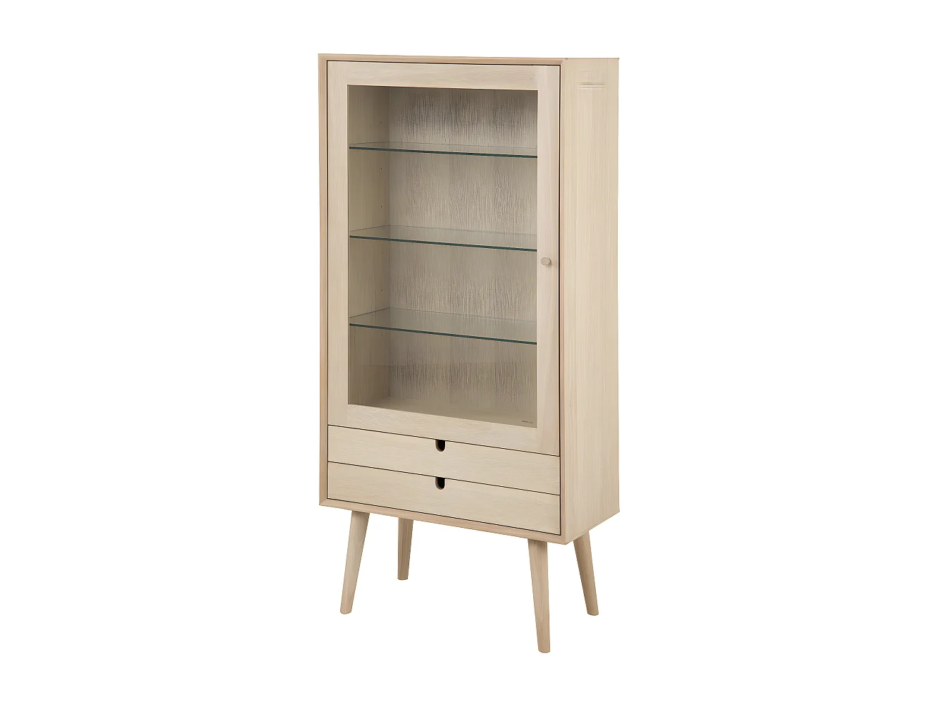 Canes Vitrine avec 1 porte et 2 tiroirs en plaqué chêne et chêne massif, blanc délavé.