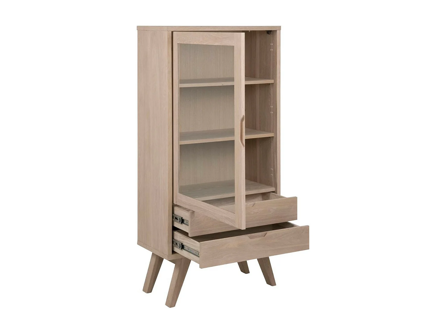 Align Vitrine, 145 cm hauteur, 1 porte vitrée, 2 tiroirs, chêne.