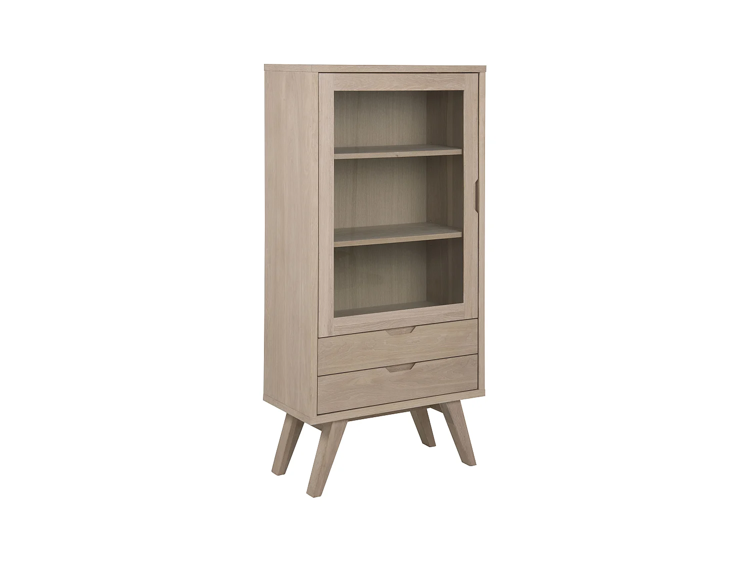 Align Vitrine, 145 cm hauteur, 1 porte vitrée, 2 tiroirs, chêne.
