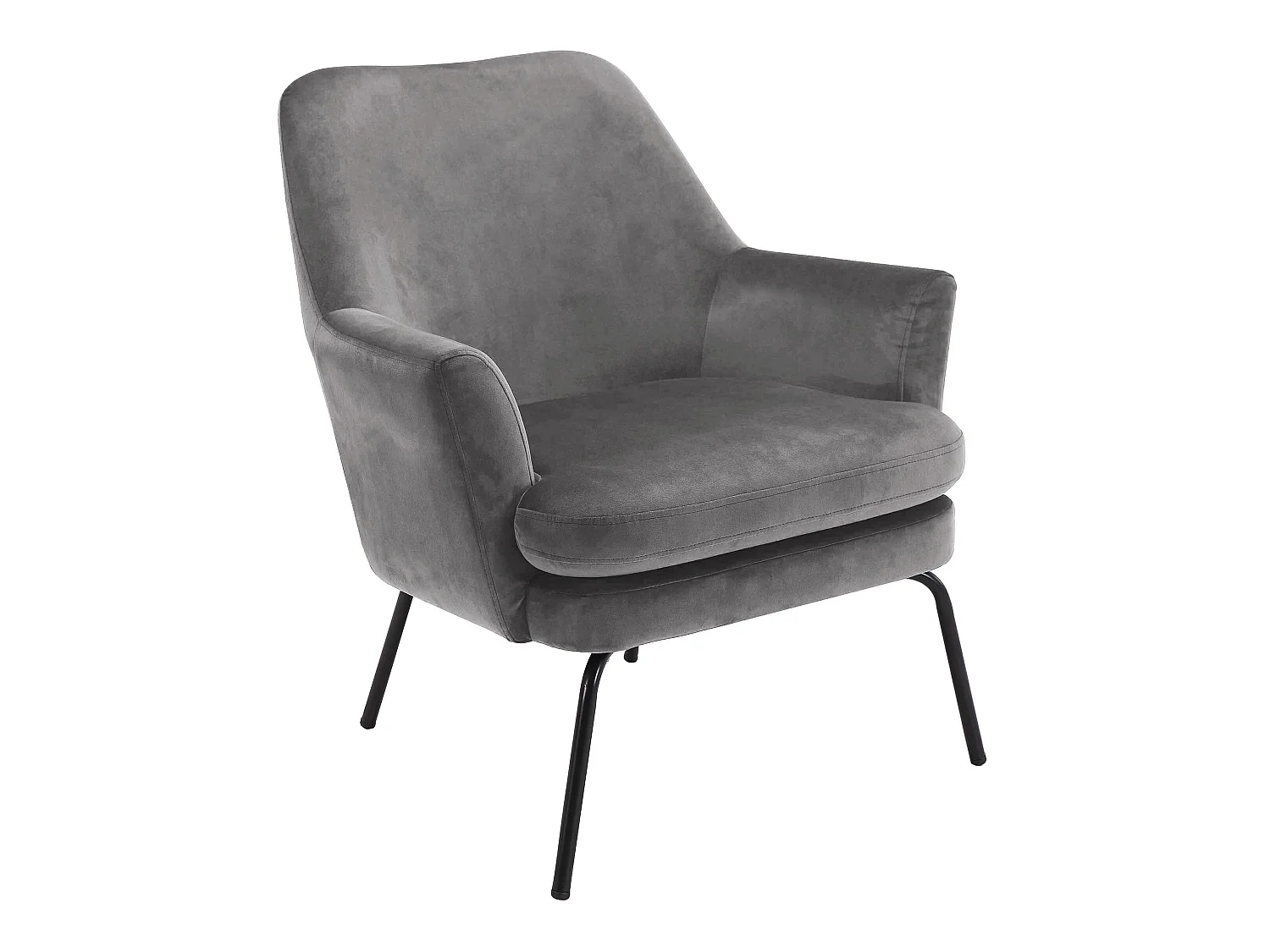 Chicca fauteuil in grijze stof en zwart metalen onderstel.
