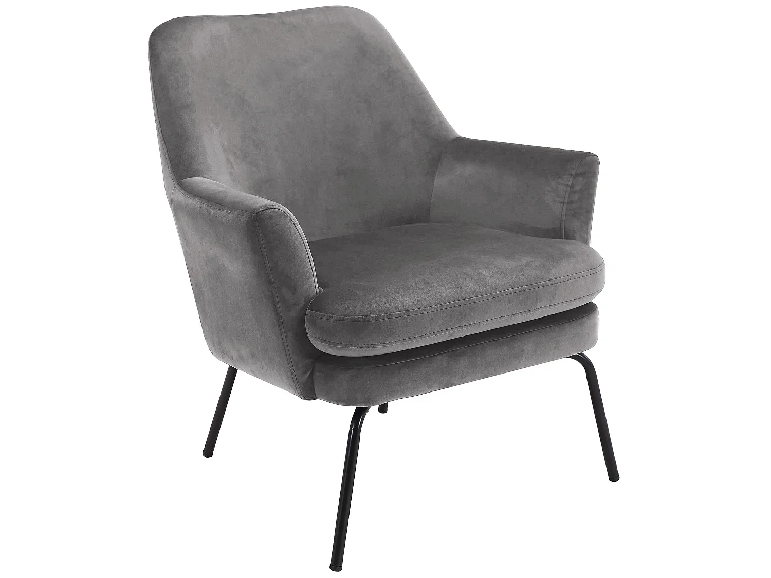 Chicca fauteuil in grijze stof en zwart metalen onderstel.