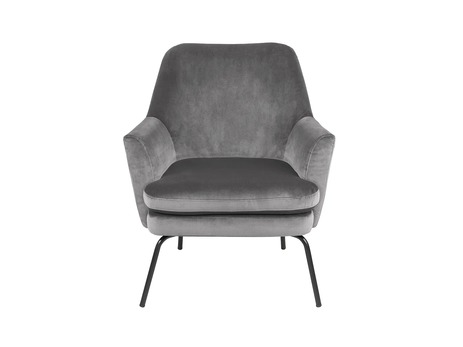 Chicca fauteuil in grijze stof en zwart metalen onderstel.