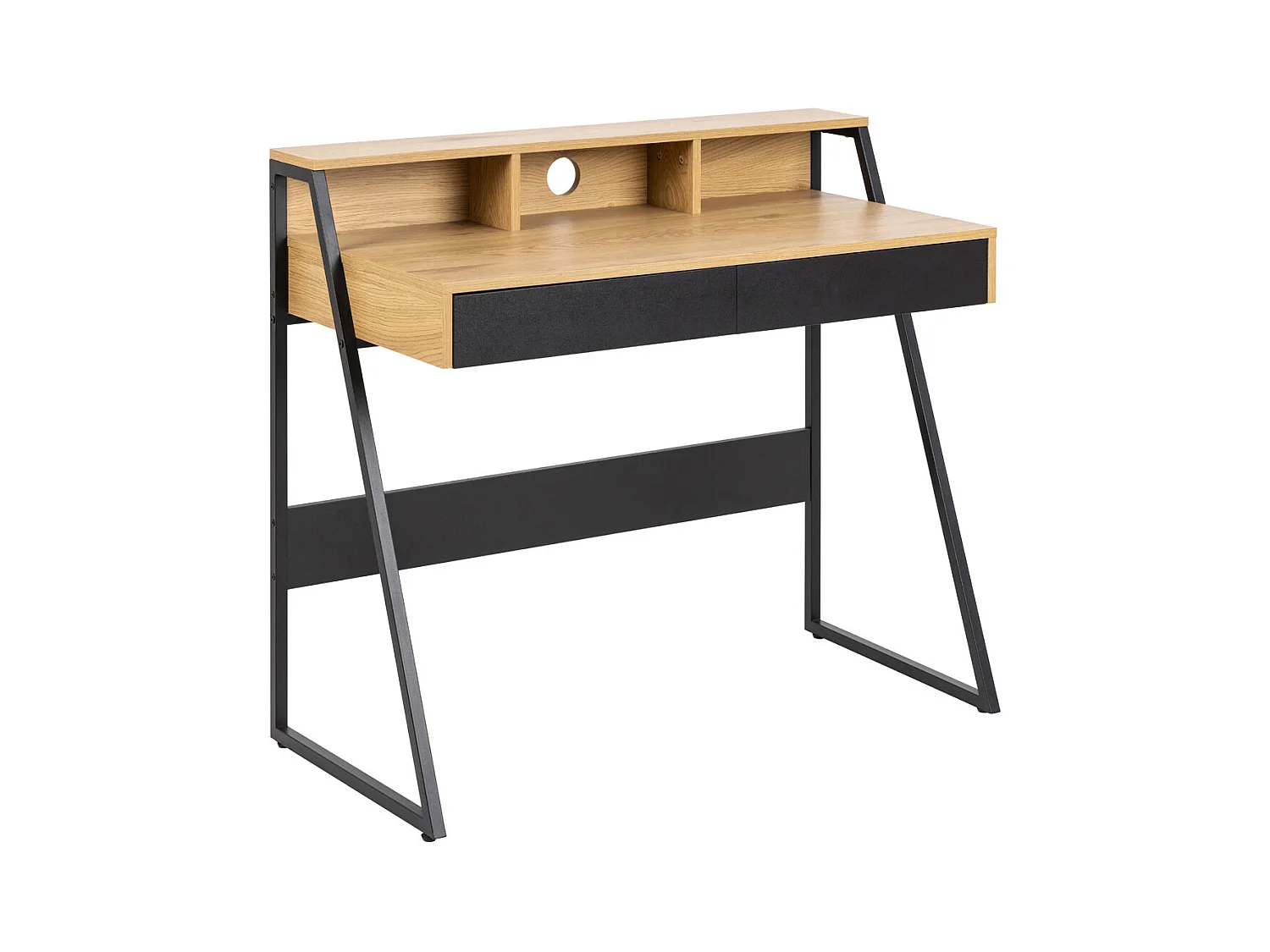 Reece Bureau 3 espaces de rangement, 2 tiroirs, teinte naturelle, noir.