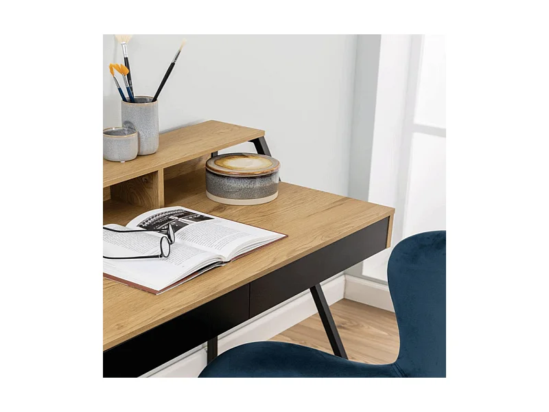 Reece Bureau 3 espaces de rangement, 2 tiroirs, teinte naturelle, noir.