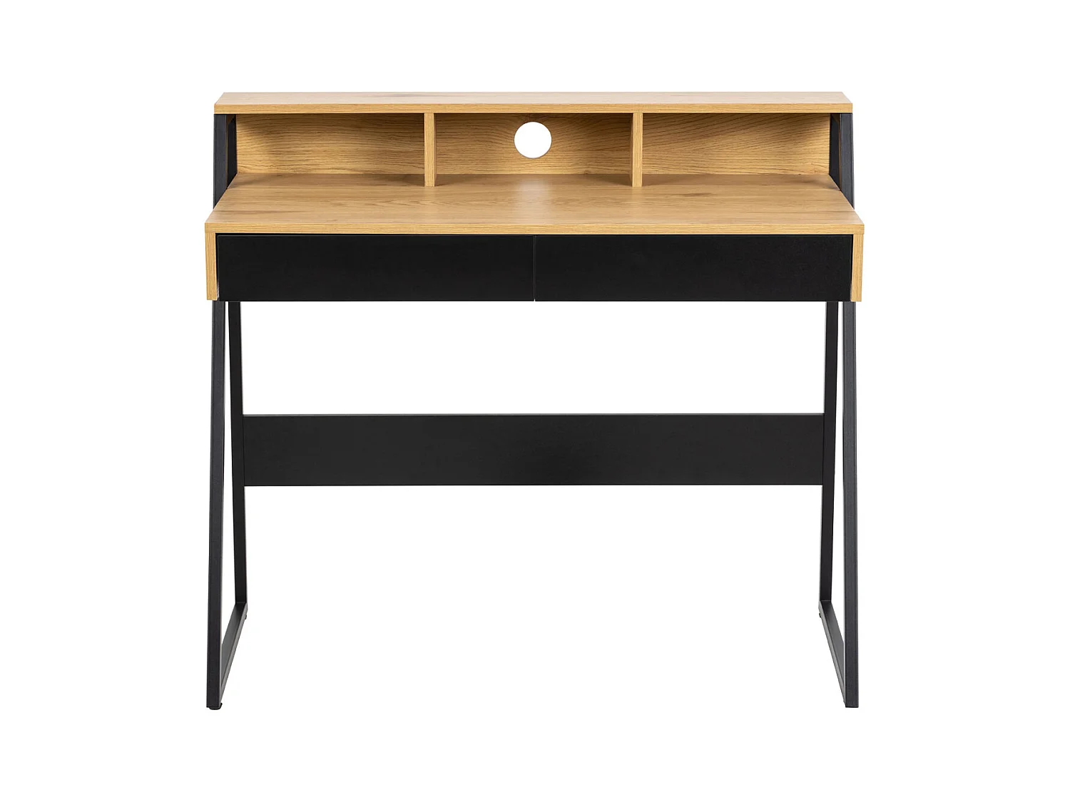 Reece Bureau 3 espaces de rangement, 2 tiroirs, teinte naturelle, noir.