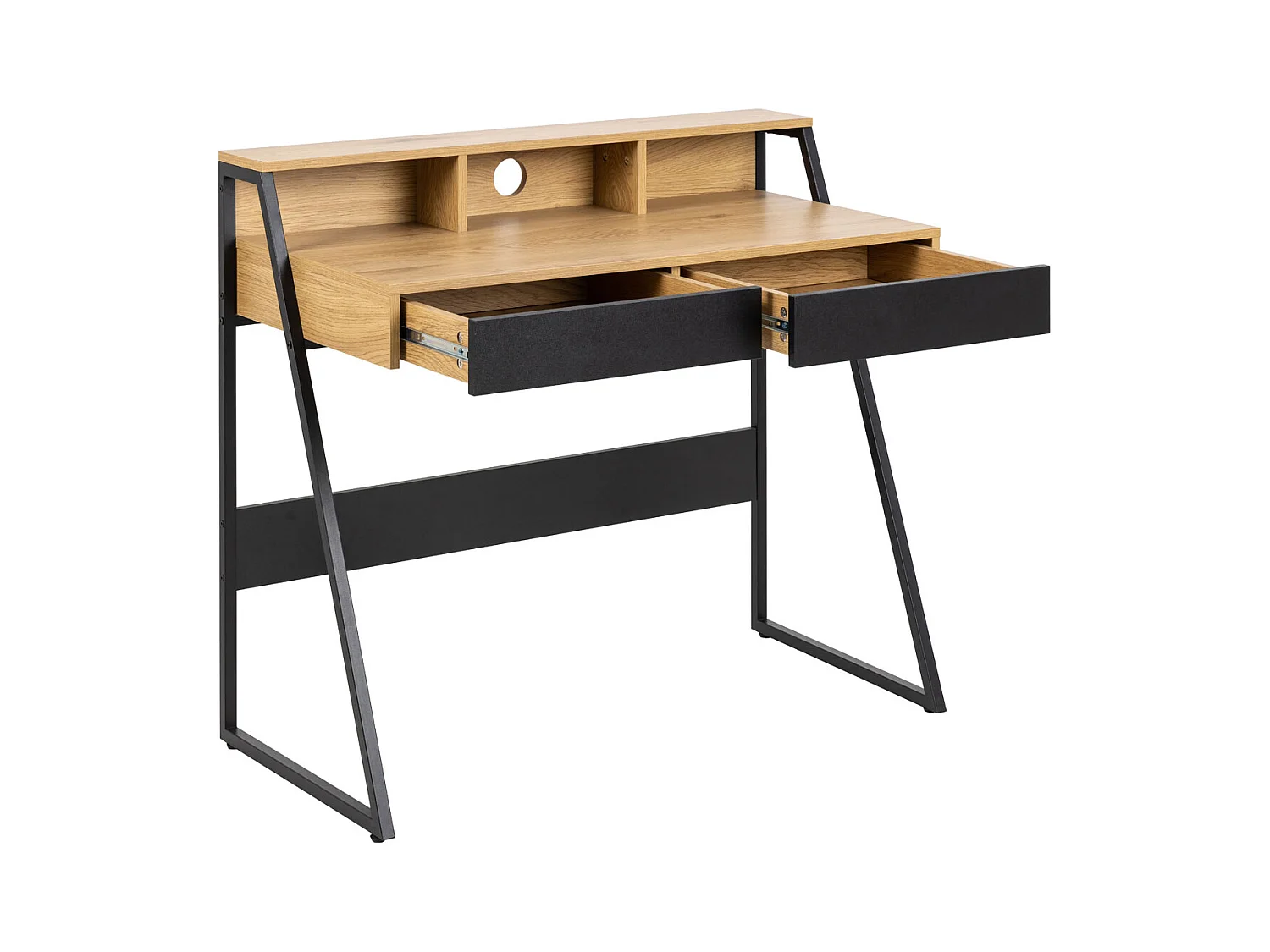 Reece Bureau 3 espaces de rangement, 2 tiroirs, teinte naturelle, noir.