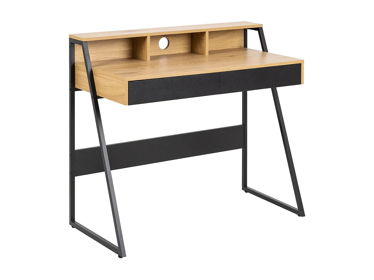 Reece Bureau 3 espaces de rangement, 2 tiroirs, teinte naturelle, noir.