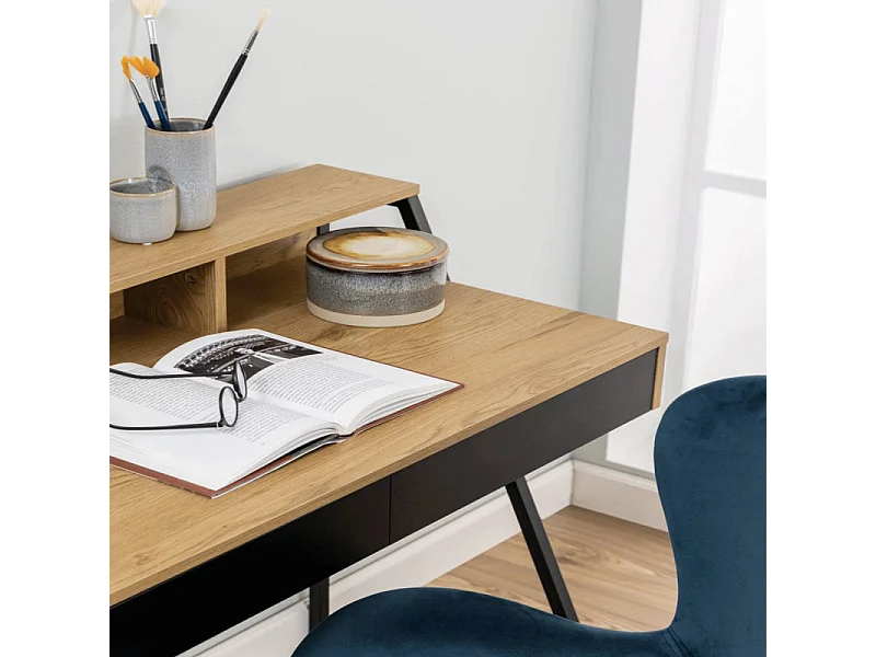 Reece Bureau 3 espaces de rangement, 2 tiroirs, teinte naturelle, noir.