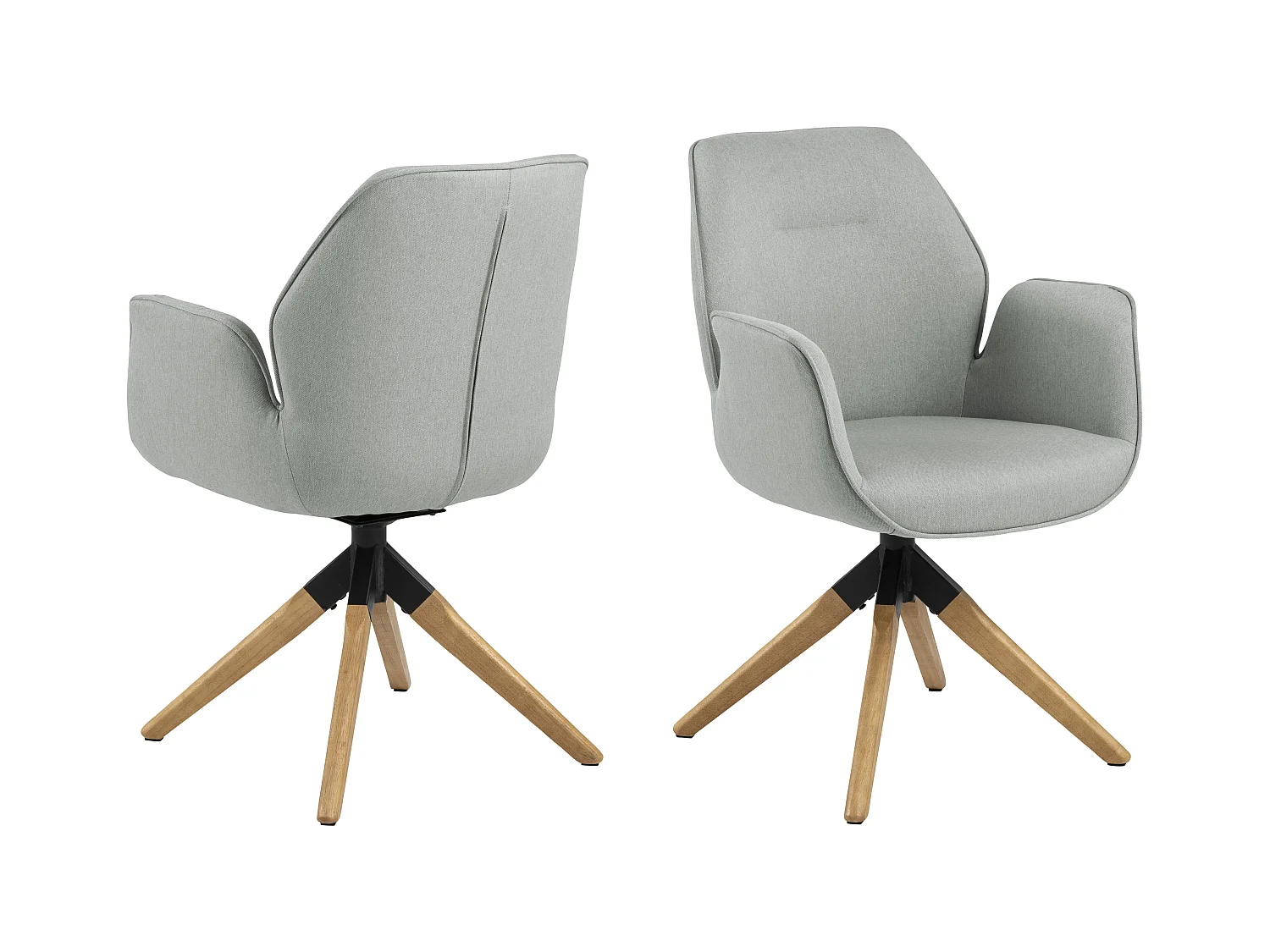 Silla de comedor Aura patas de roble, con reposabrazos y retorno giratorio color gris claro.