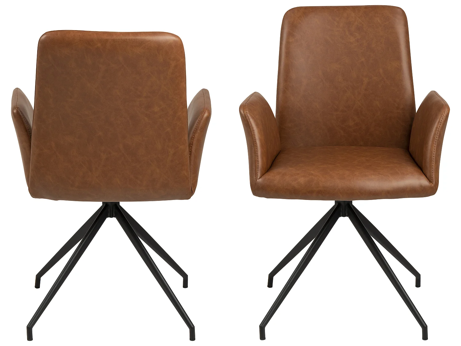 Nadine eetkamerstoel met draaivoet, cognac PU kunstleer, zwart metaal.