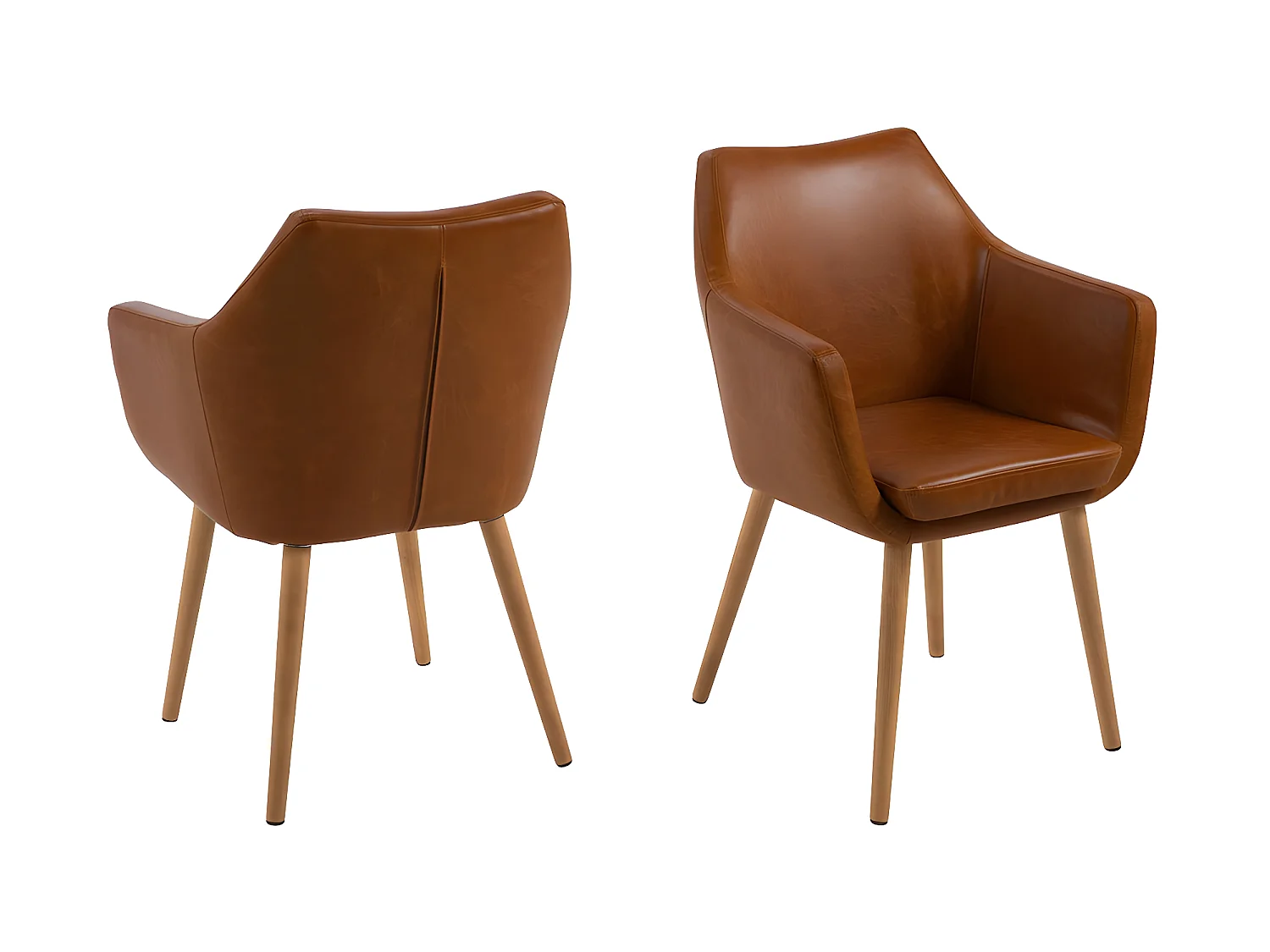 Noel Chaise de salle à manger en similicuir teinte cognac avec pieds en chêne massif délavé.