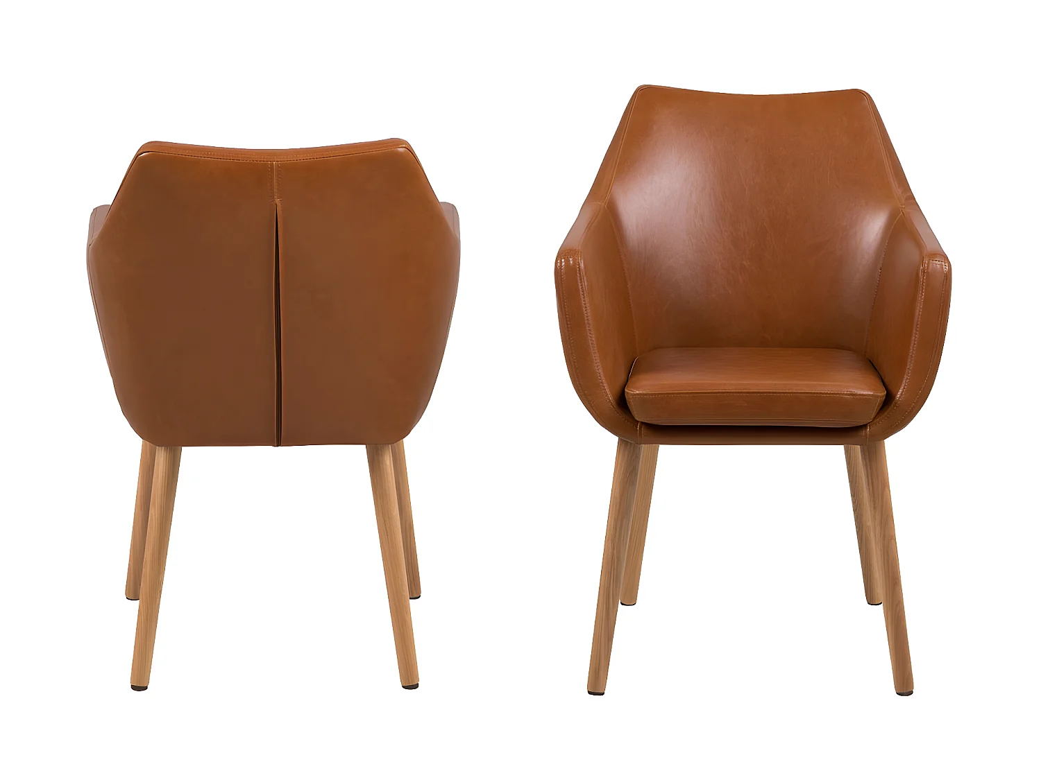 Noel Chaise de salle à manger en similicuir teinte cognac avec pieds en chêne massif délavé.