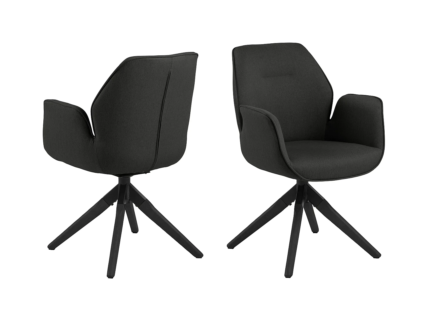 Silla de comedor Aura patas negras con reposabrazos y retorno en color gris oscuro.