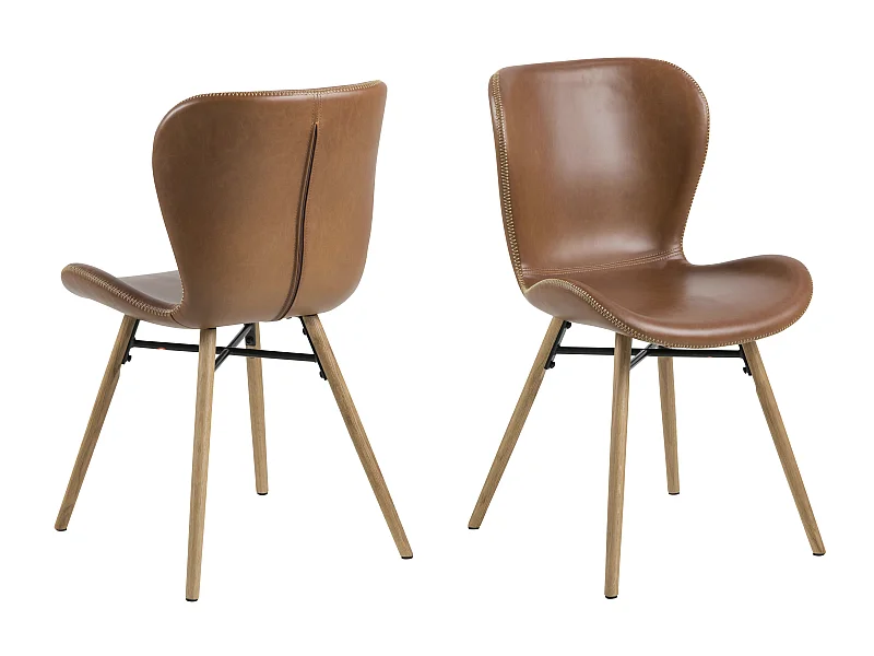 Sedia da pranzo Bali in similpelle PU color cognac e gambe in rovere massello.