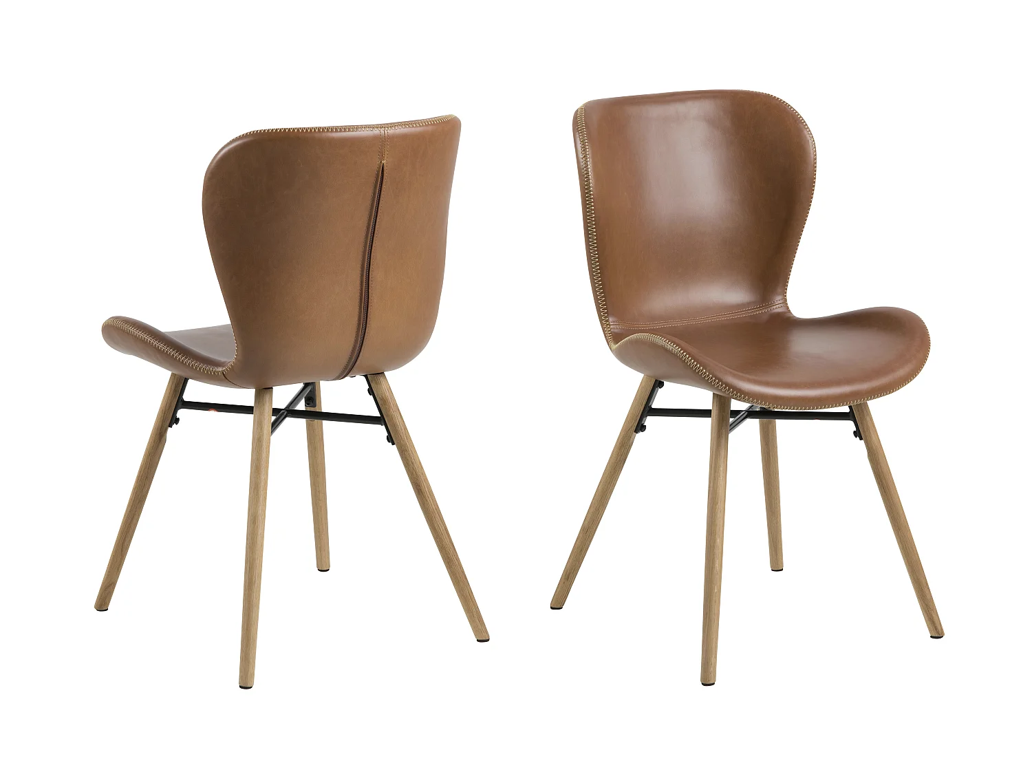 Sedia da pranzo Bali in similpelle PU color cognac e gambe in rovere massello.