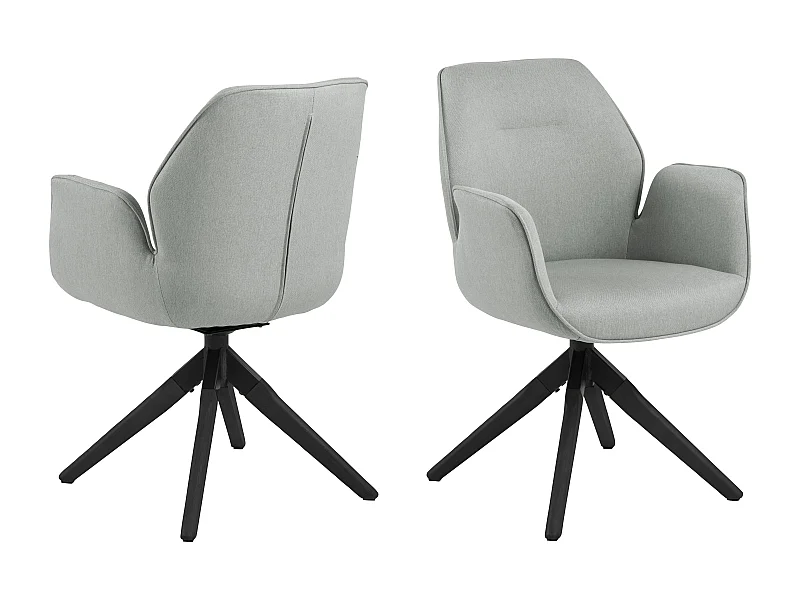 Silla de comedor Aura patas negras, con reposabrazos y retorno giratorio gris claro.