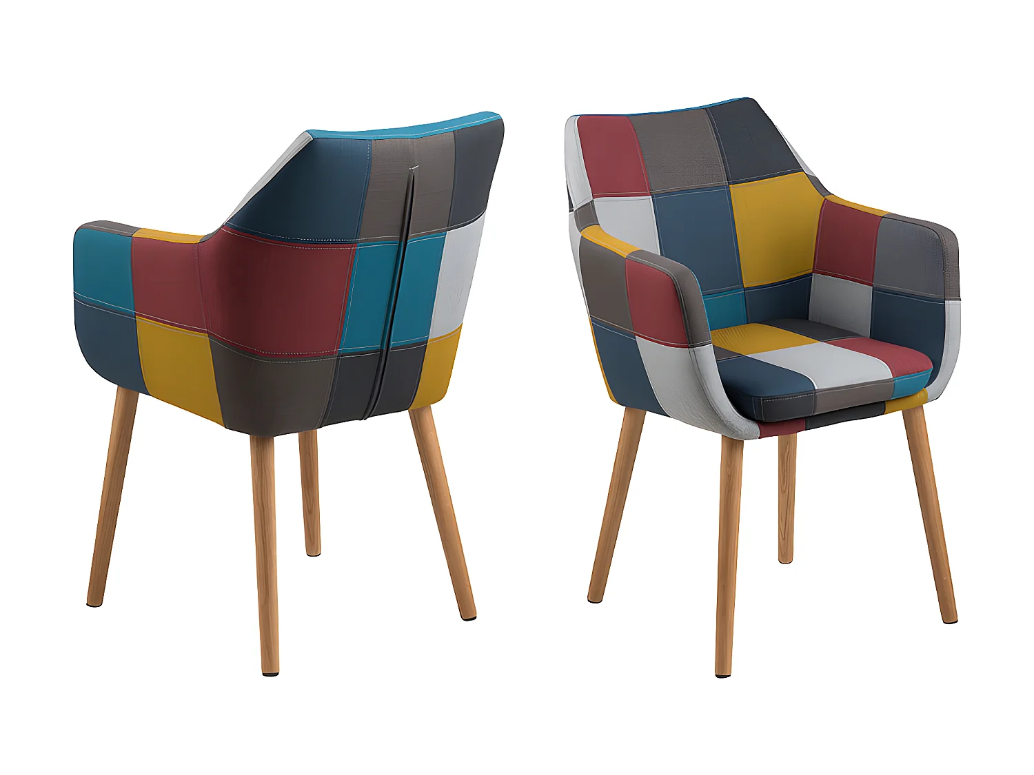 Noel Chaise de salle à manger en tissu patchwork de différentes couleurs avec pieds en chêne massif délavé.