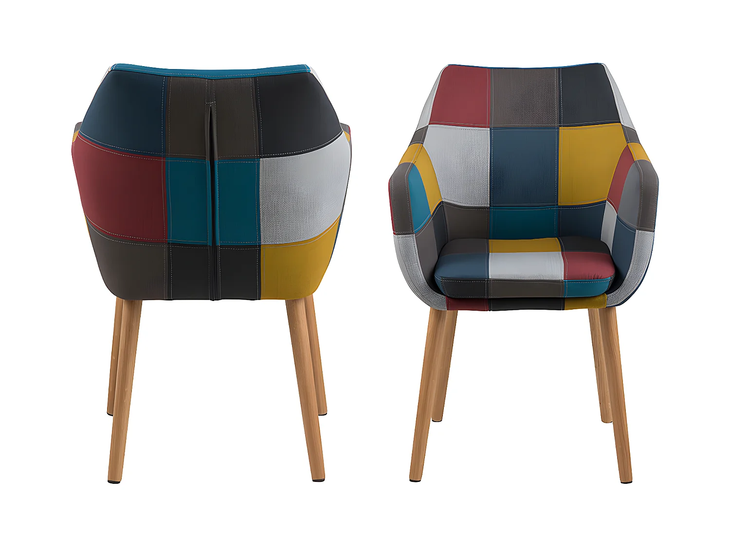 Noel Chaise de salle à manger en tissu patchwork de différentes couleurs avec pieds en chêne massif délavé.